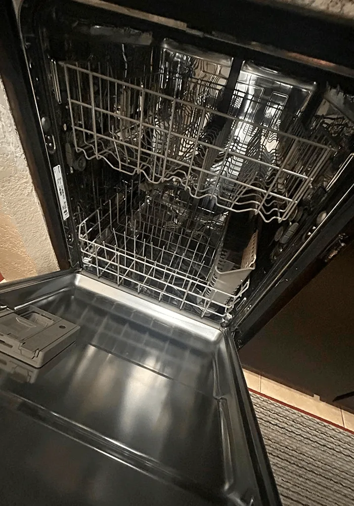 The clean, empty interior of a stainless steel dishwasher, showcasing a detailed appliance cleaning service.