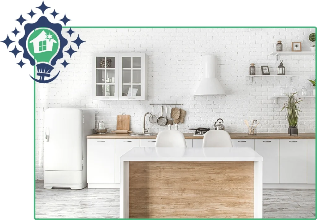 A bright, modern kitchen with white brick walls, wooden accents, and a clean island, ready for use after a professional move.