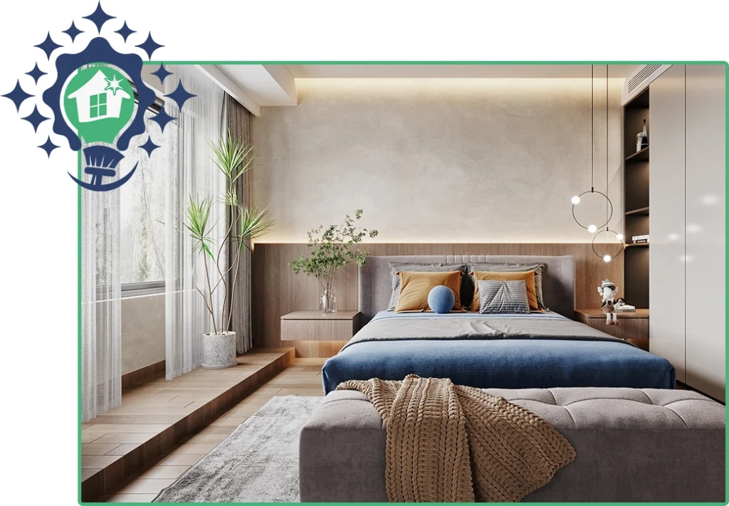 Modern bedroom with a large bed, wooden headboard, integrated lighting, and a plant by the window, suggesting comfort and style.