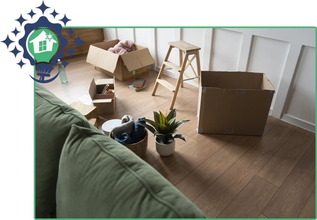 Room in disarray with moving boxes, a step ladder, and a green sofa, indicating a move or renovation.