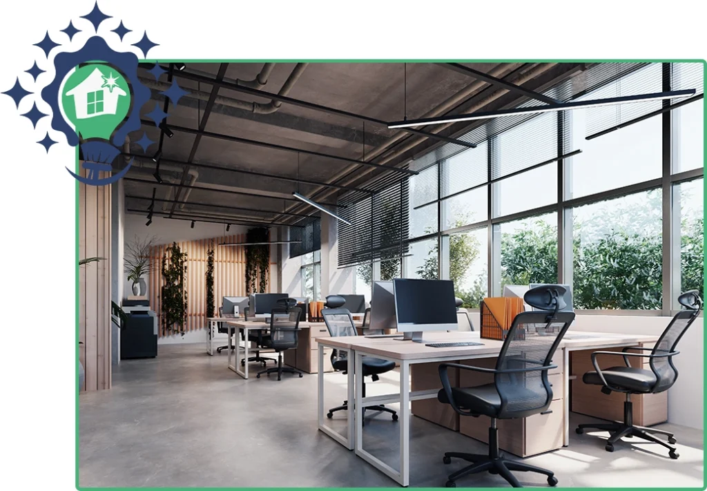 An open-plan office with an industrial design, featuring exposed ceiling pipes, concrete floors, and modern workstations ready for a team.