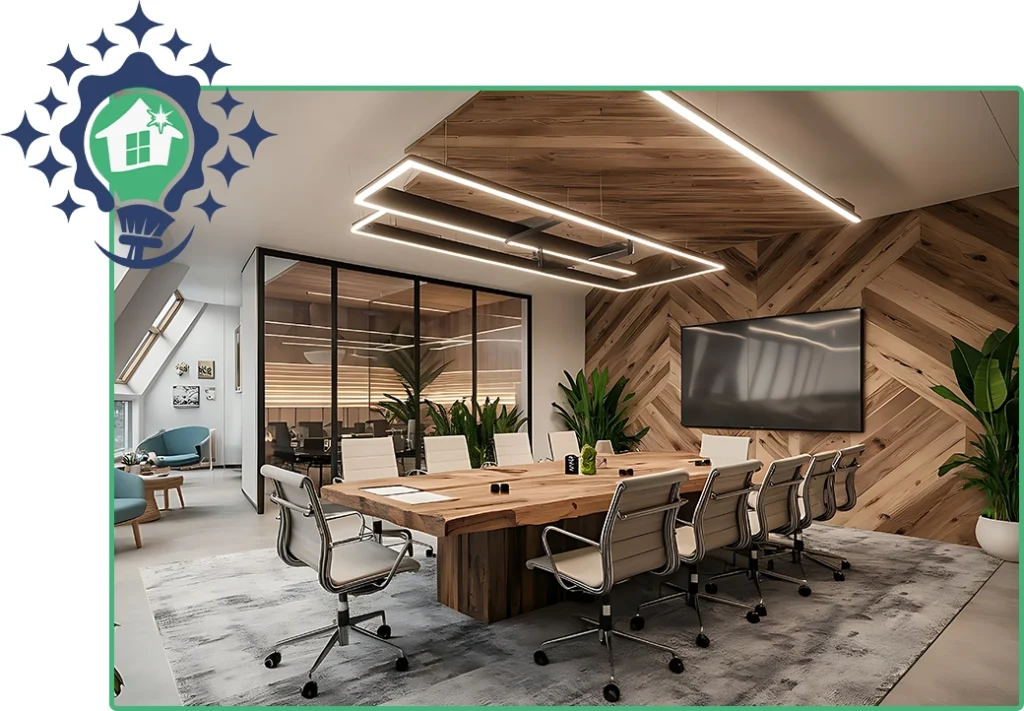 Modern conference room with a large wooden table, ergonomic chairs, a wall-mounted screen, and contemporary lighting, ideal for business meetings.