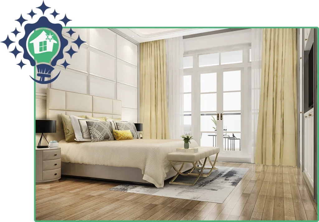 A bright and elegant bedroom with polished hardwood floors and a perfectly made bed, demonstrating a high-quality residential cleaning service.