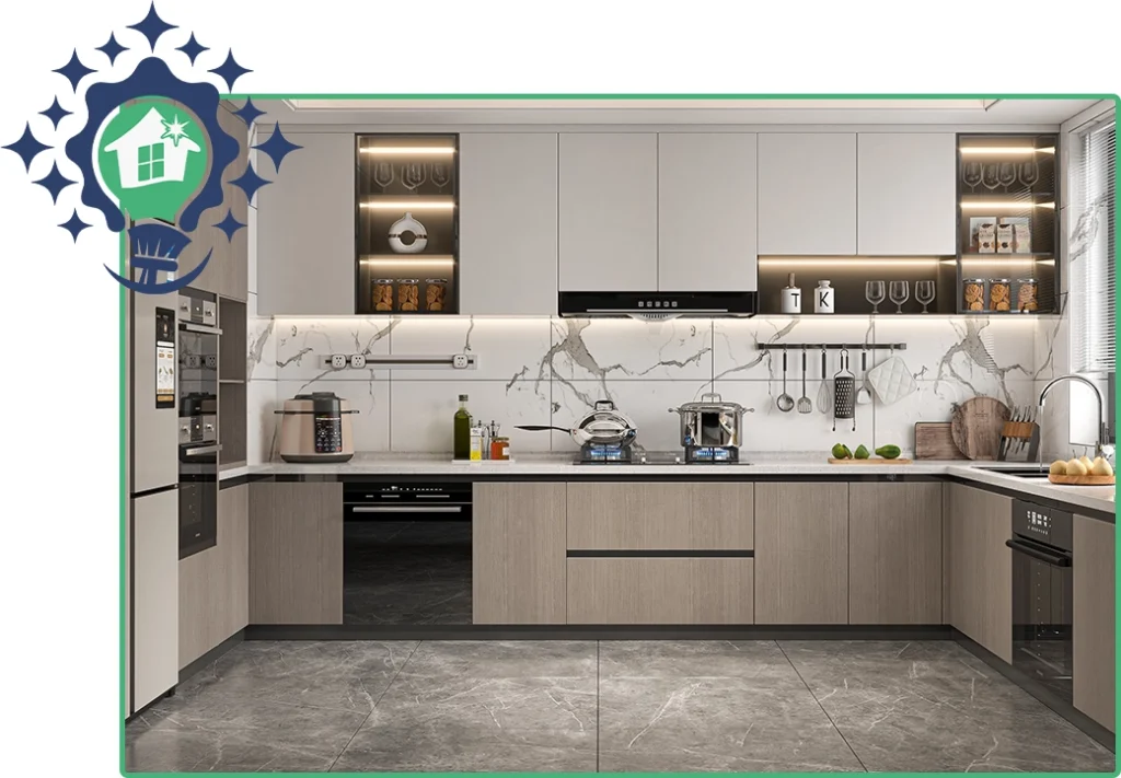 Modern U-shaped kitchen with light wood and white cabinets, marble backsplash, stainless steel appliances, and a cleaning service logo.