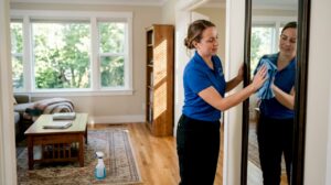 Professional cleaner tidying family living room