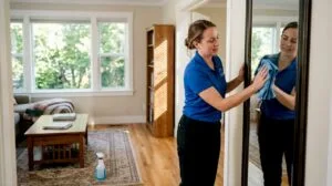 Professional cleaner tidying family living room