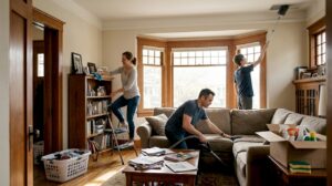 Family deep cleaning cluttered living room