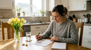 Woman reviews cleaning estimate at kitchen table