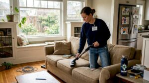 Seattle cleaner vacuuming cozy living room