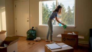 Person cleaning windowsills in Seattle apartment
