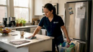 Maid preparing cleaning supplies in a home kitchen
