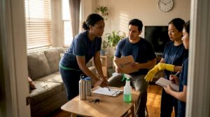 Cleaning team holds meeting with checklists