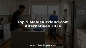 Professional cleaning team working in lived-in kitchen