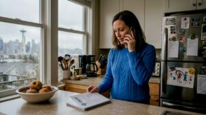 Woman scheduling home cleaning by phone