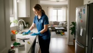 Cleaner working in lived-in family kitchen