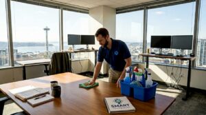 Cleaner wiping workspace in corner office