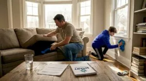 Family thoroughly cleaning living room together