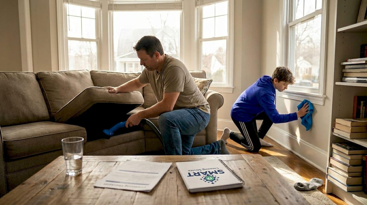 Family thoroughly cleaning living room together