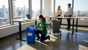 Janitor empties bin in busy Seattle office