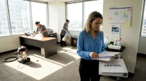 Facilities manager overseeing office cleaning