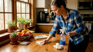 Woman cleaning kitchen counter in real home
