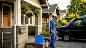 Cleaning worker outside Seattle craftsman home