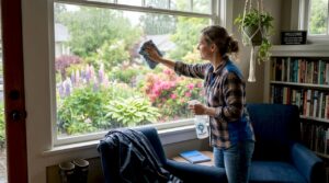 Seattle homeowner deep cleaning living room window