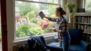 Seattle homeowner deep cleaning living room window