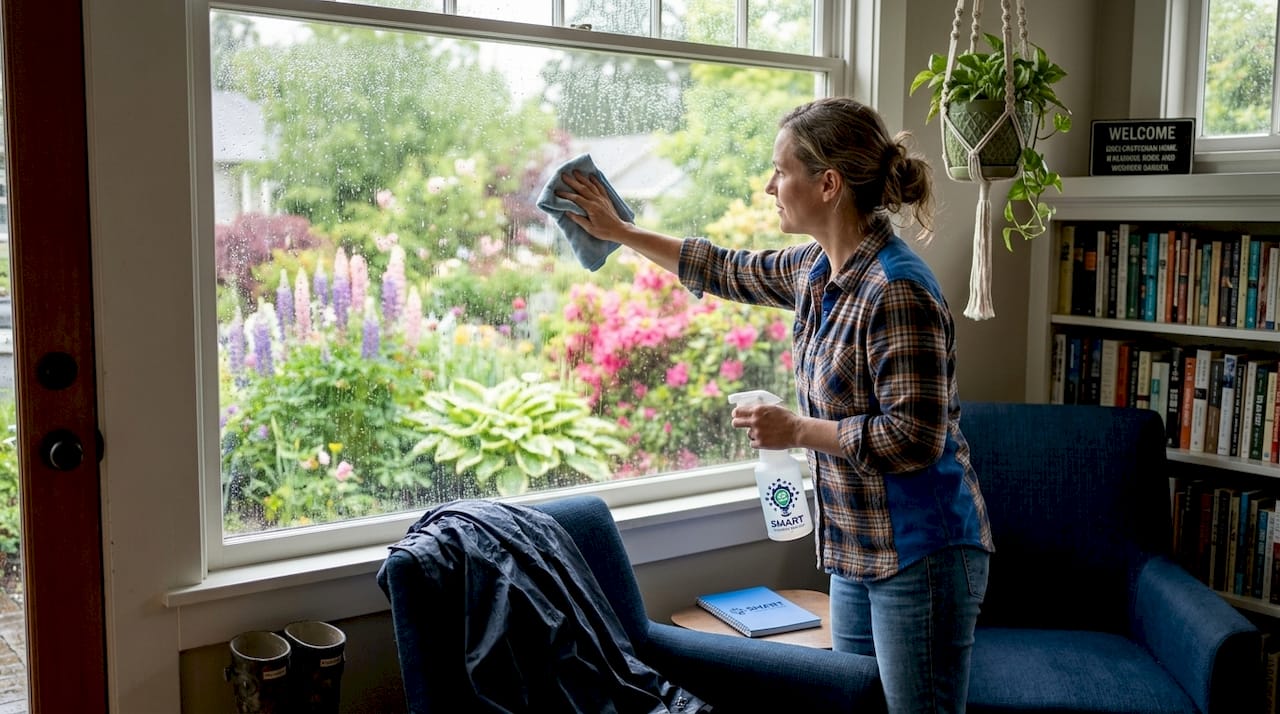 Seattle homeowner deep cleaning living room window