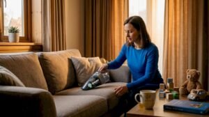 Woman vacuuming sofa in everyday living room