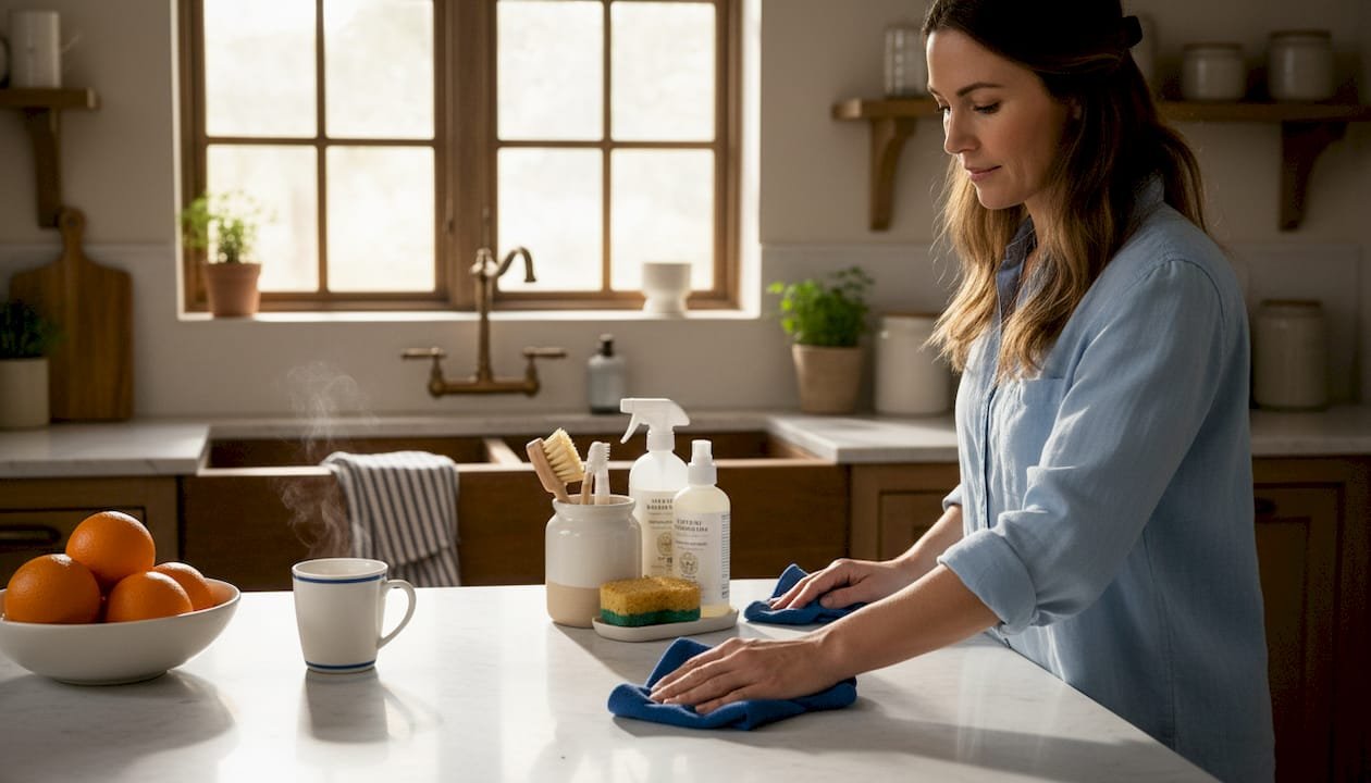 Woman cleaning kitchen counter with supplies visible