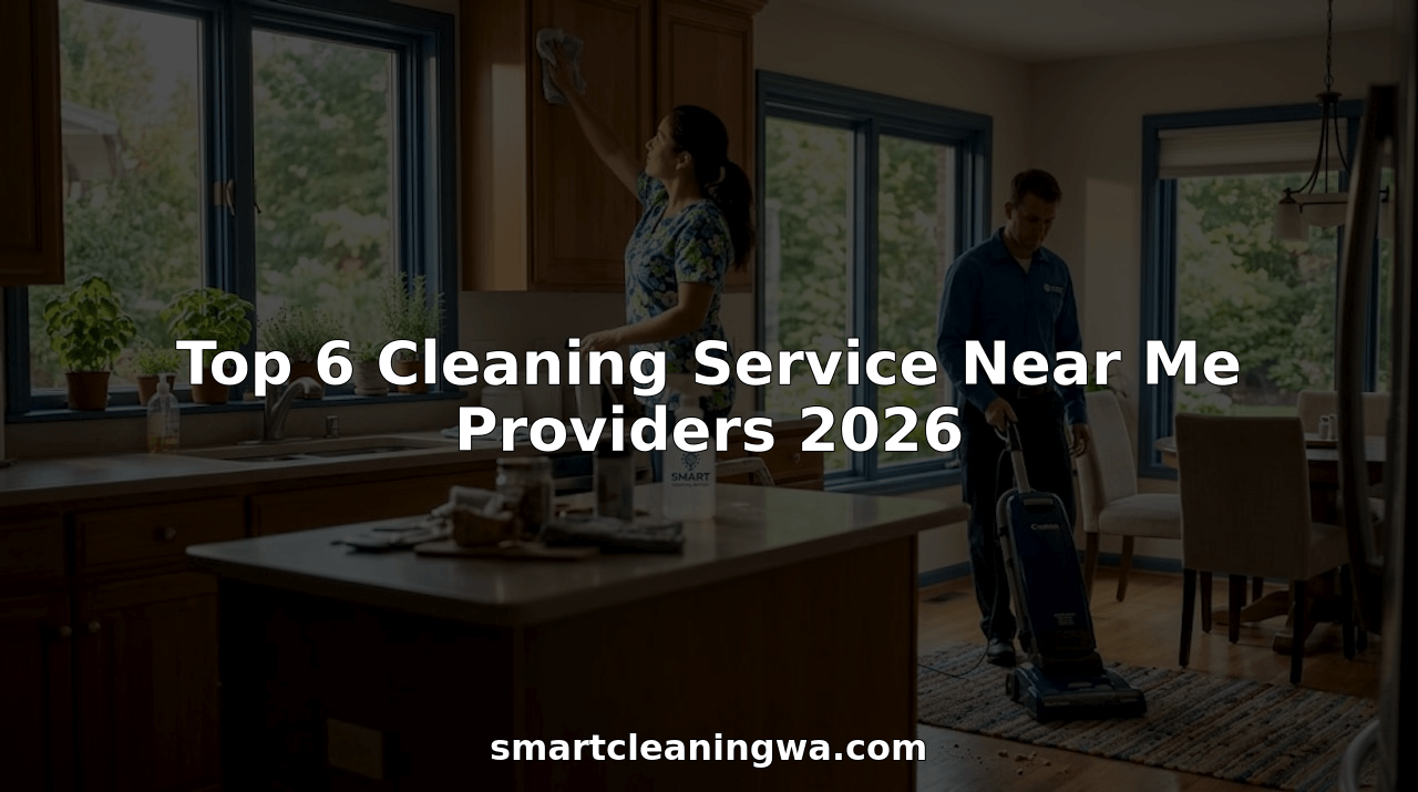 Hero image of a kitchen with two cleaners—one wiping cabinets and the other vacuuming; overlay text reads 'Top 6 Cleaning Service Near Me Providers 2026' with the site smartcleaningwa.com