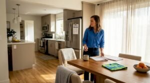 Woman using cleaning checklist in kitchen living area
