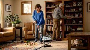 Family cleaning a lived-in living room together