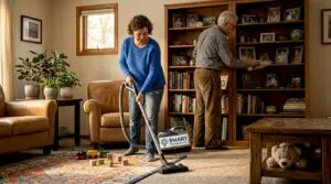 Family cleaning a lived-in living room together