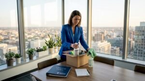 Office manager setting up cleaning supplies in conference room