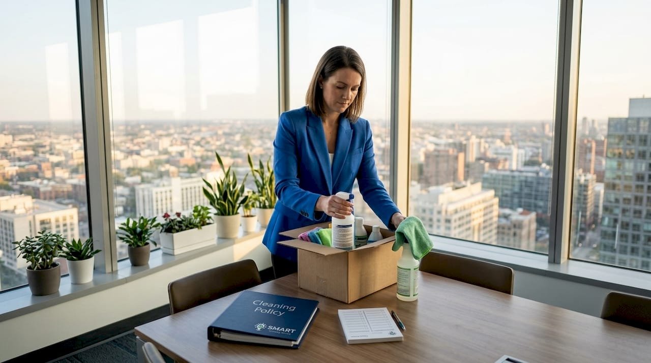 Office manager setting up cleaning supplies in conference room