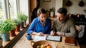 People planning custom cleaning service at kitchen table