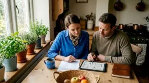 People planning custom cleaning service at kitchen table