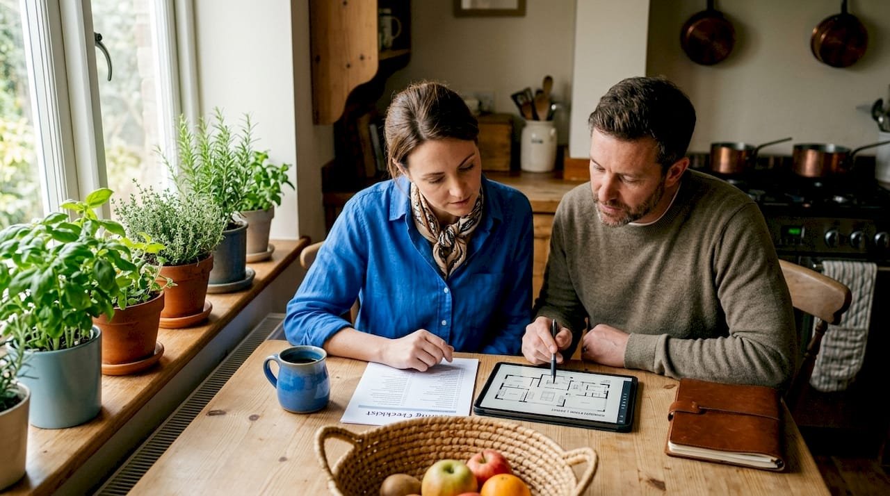 People planning custom cleaning service at kitchen table