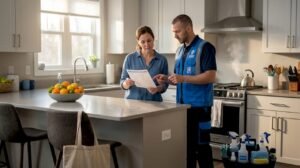Homeowner discussing checklist with cleaner in kitchen