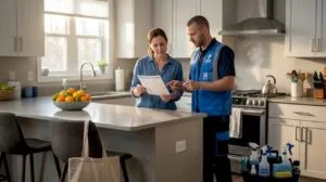 Homeowner discussing checklist with cleaner in kitchen