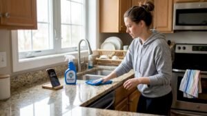 Woman quickly cleaning kitchen counters during morning