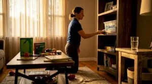 Cleaner dusting bookshelf in family living room