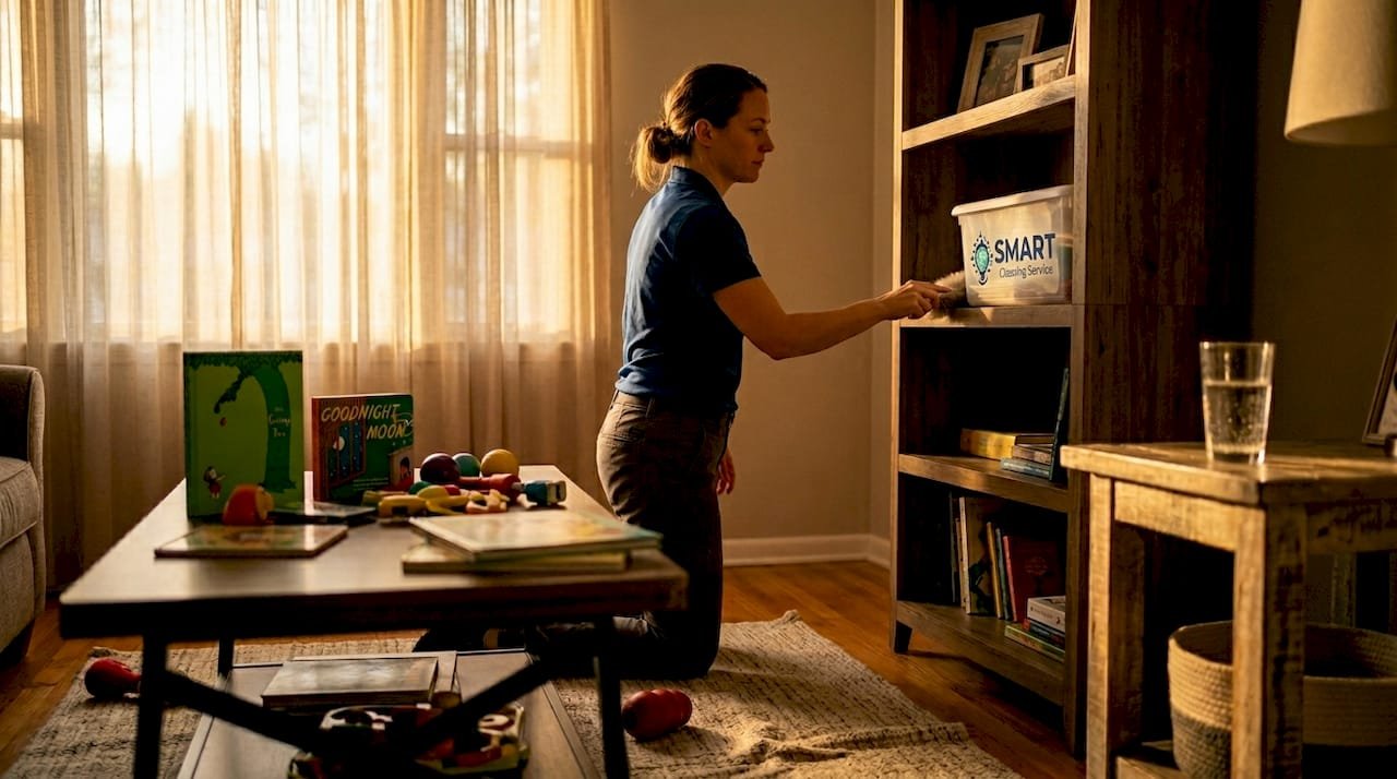 Cleaner dusting bookshelf in family living room