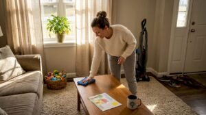 Woman cleaning coffee table in bright living room