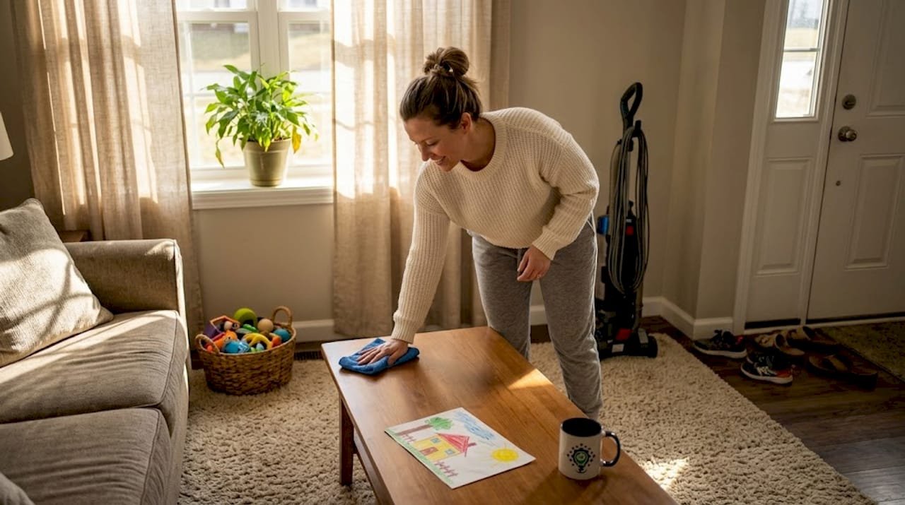 Woman cleaning coffee table in bright living room
