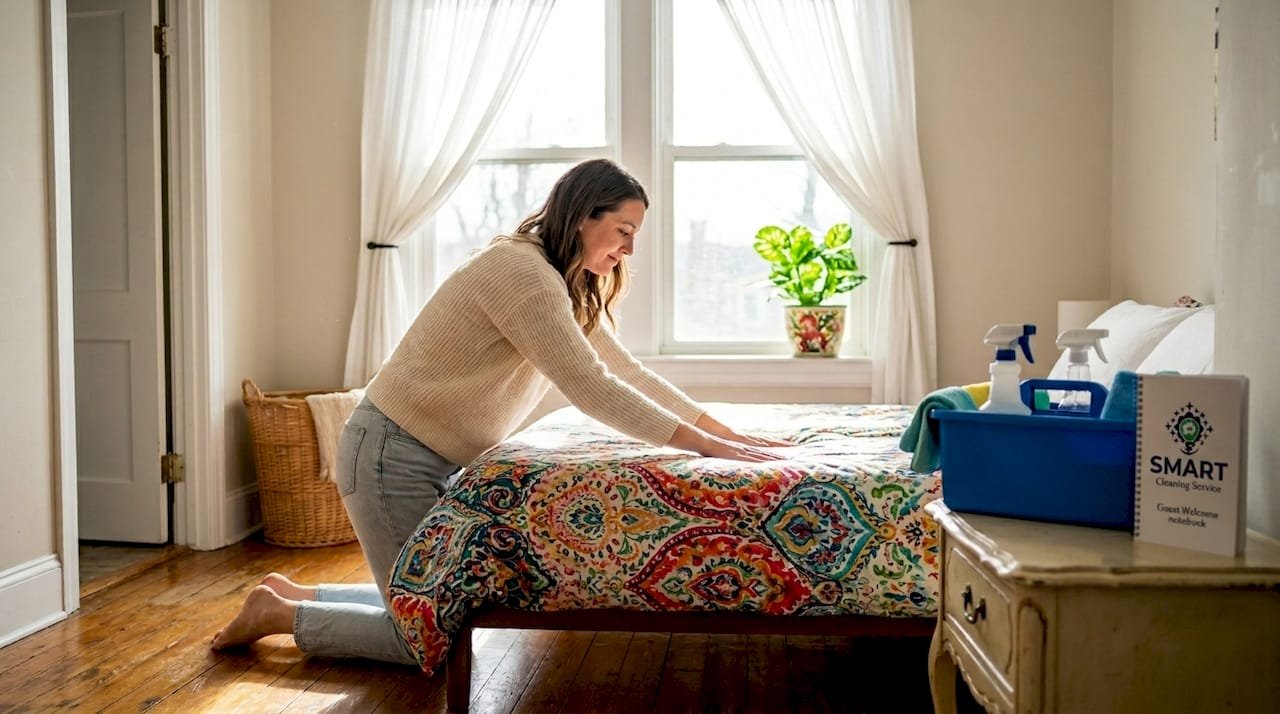 Host preparing clean Airbnb guest room