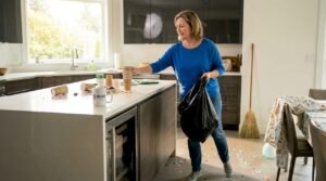 Woman cleaning living room post party