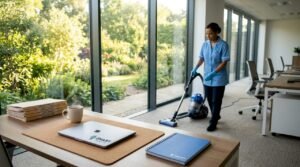 Cleaning staff vacuuming office floor